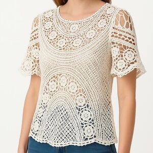 🌸3/$15🌸 SOLITAIRE Boho Lace Pattern Cream Crochet Blouse Summer Swim Coverup Med